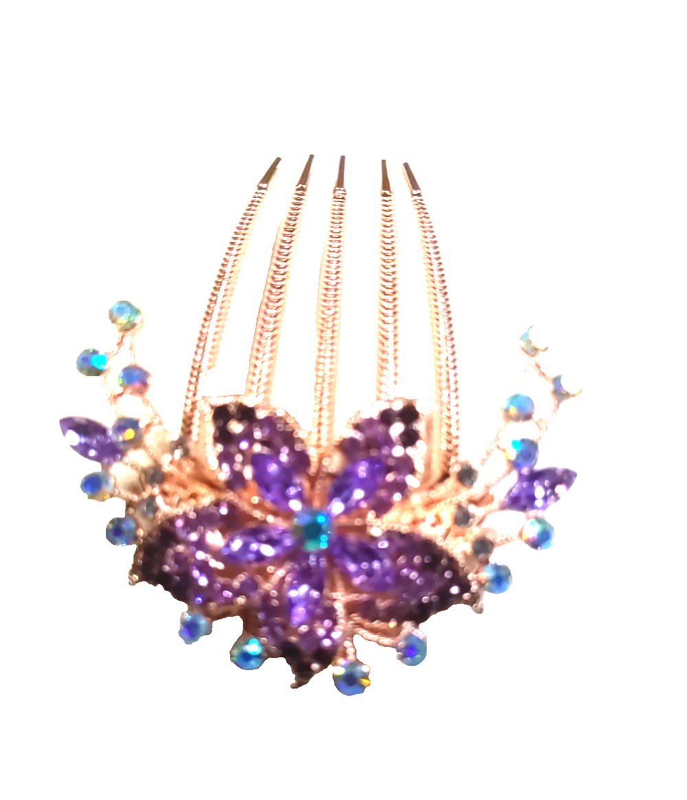 Hair Comb Barrette Purple Rose Gold Large Floral Hair Bun Updo